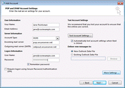 Enter email account settings